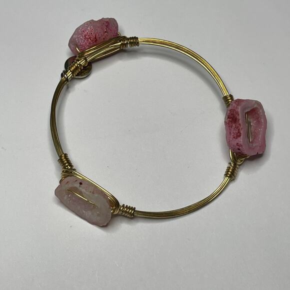 BOURBON & BOWETIES gold tone bracelet bangle PINK Druzy signed jewelry wire wrap - Picture 7 of 11